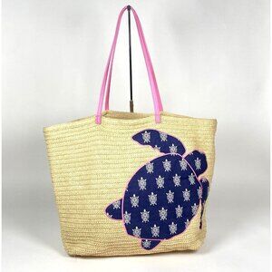 Vera Bradley Straw Beach Tote Bag Sea Turtle Pink Double Handles Open Top